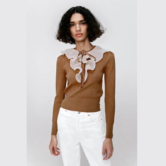 ZARA Knit Top with Ruffle Tie NWT | Brown Long Sleeve Contrast Collar M - Picture 6 of 16